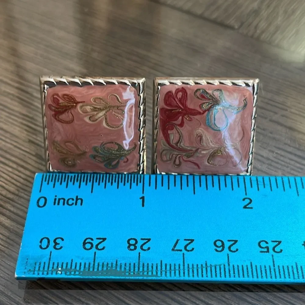 Vintage Square Rose Pink Swirled Pearlized Enamel Clip Earrings